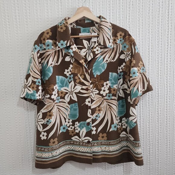 Vintage Alfred Dunner Plus Size Brown and Teal Hawaiian Print Boxy Top Size 20W - Picture 1 of 13